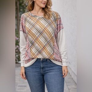 BiBi Mixed Plaid Waffle Knit Top- XL